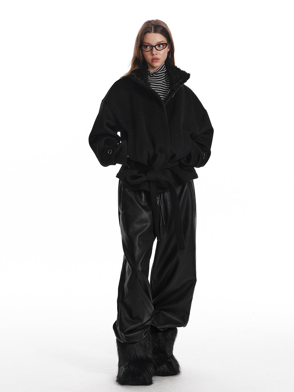 Elastic Waist Wide-Leg Faux Leather Pants