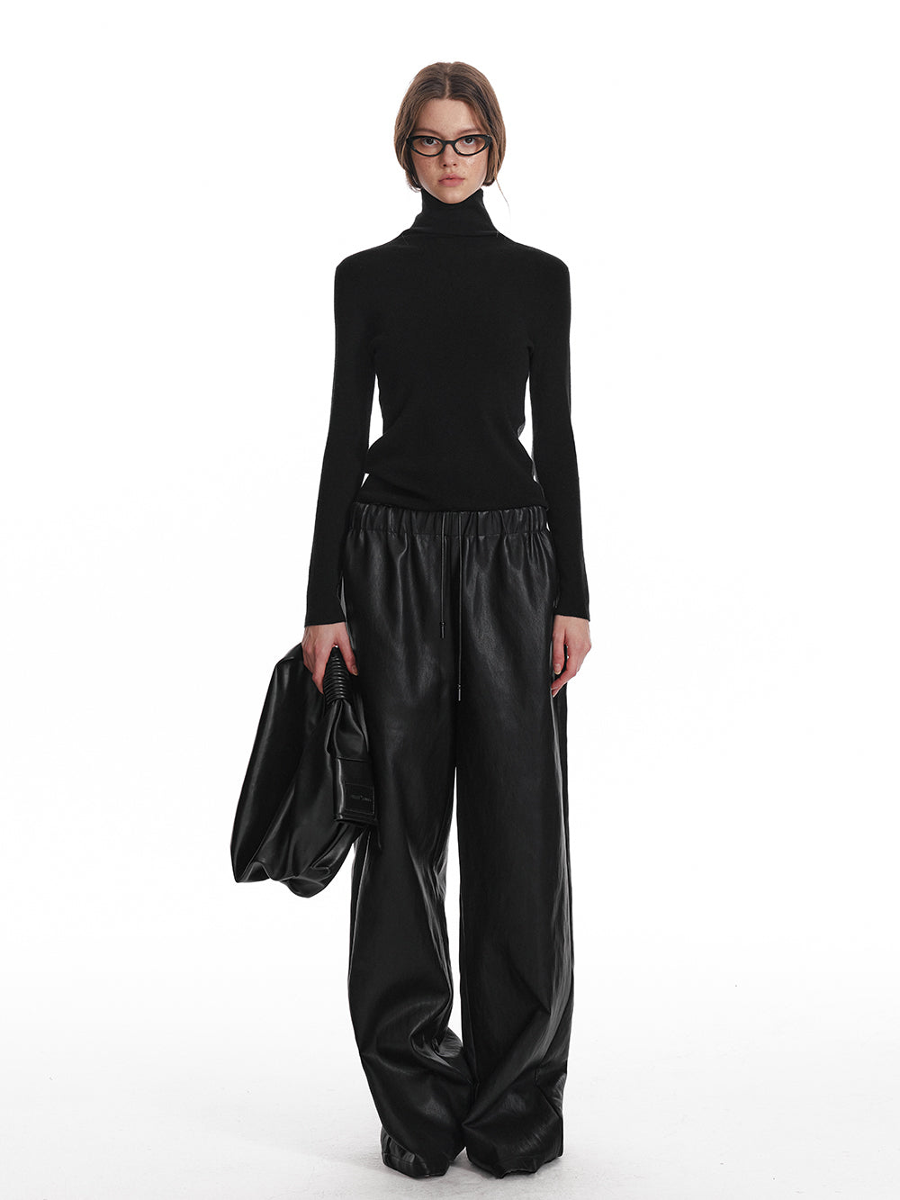 Elastic Waist Wide-Leg Faux Leather Pants