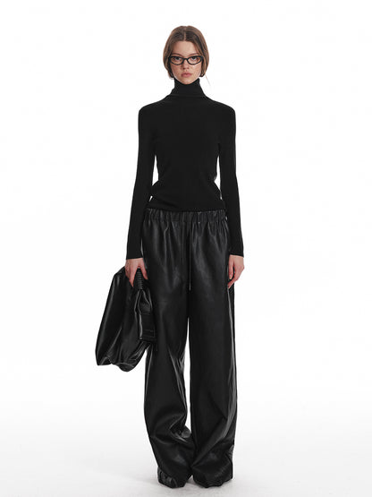 Elastic Waist Wide-Leg Faux Leather Pants