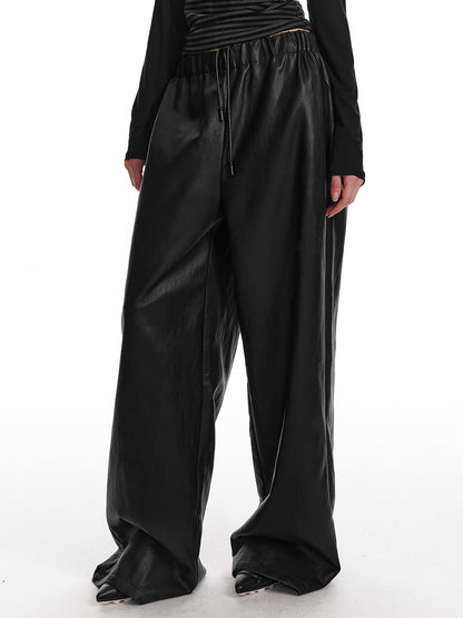 Elastic Waist Wide-Leg Faux Leather Pants