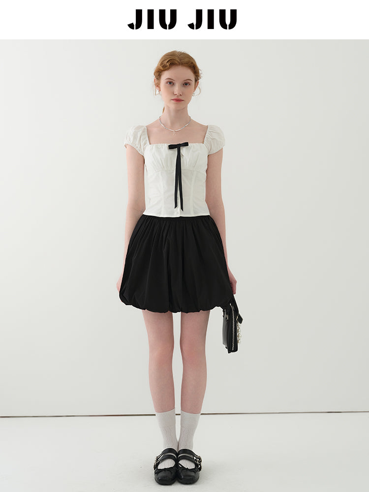 Puff-Sleeve Short Blouse With Contrast Bow