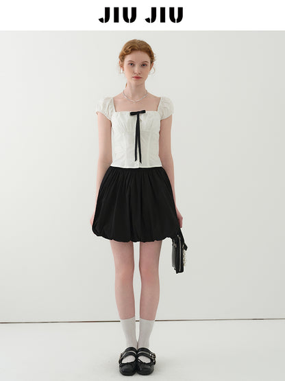 Puff-Sleeve Short Blouse With Contrast Bow