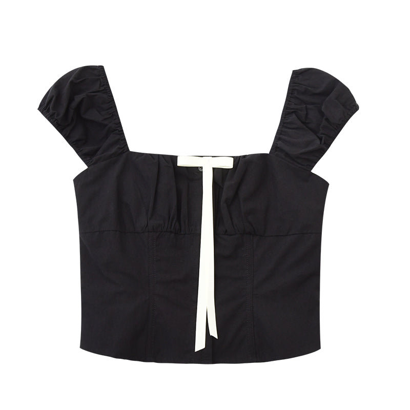 Puff-Sleeve Short Blouse With Contrast Bow