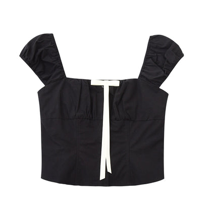 Puff-Sleeve Short Blouse With Contrast Bow
