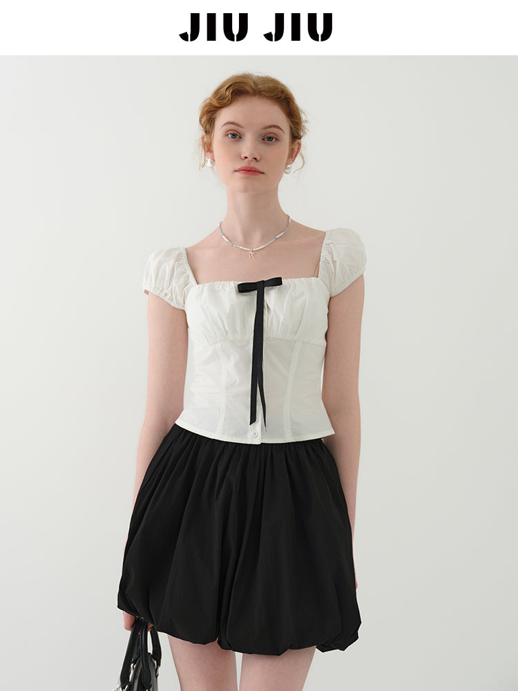 Puff-Sleeve Short Blouse With Contrast Bow