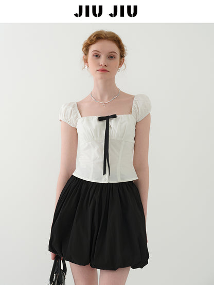 Puff-Sleeve Short Blouse With Contrast Bow