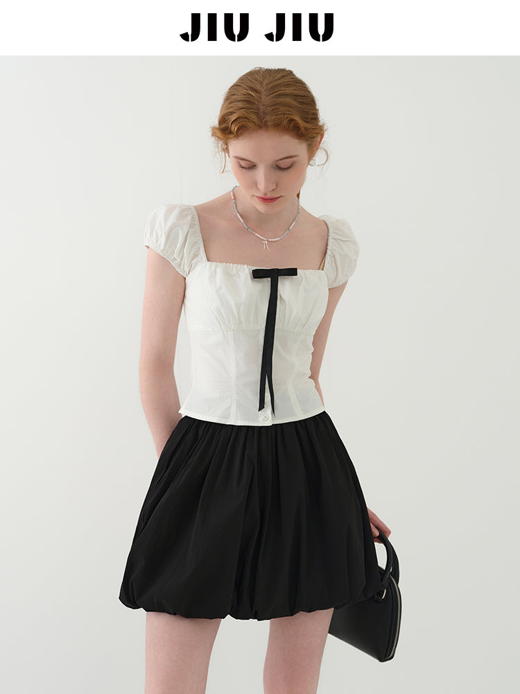 Puff-Sleeve Short Blouse With Contrast Bow