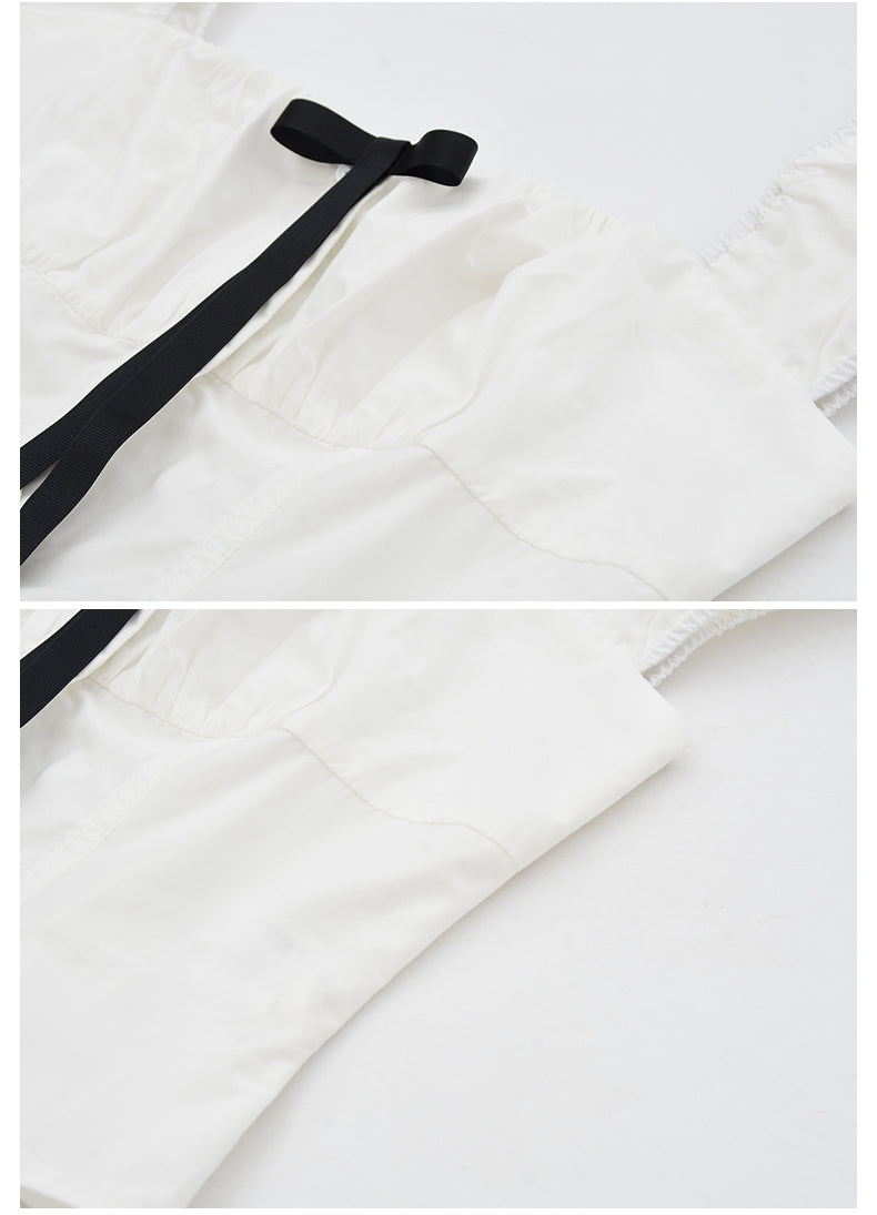 Puff-Sleeve Short Blouse With Contrast Bow