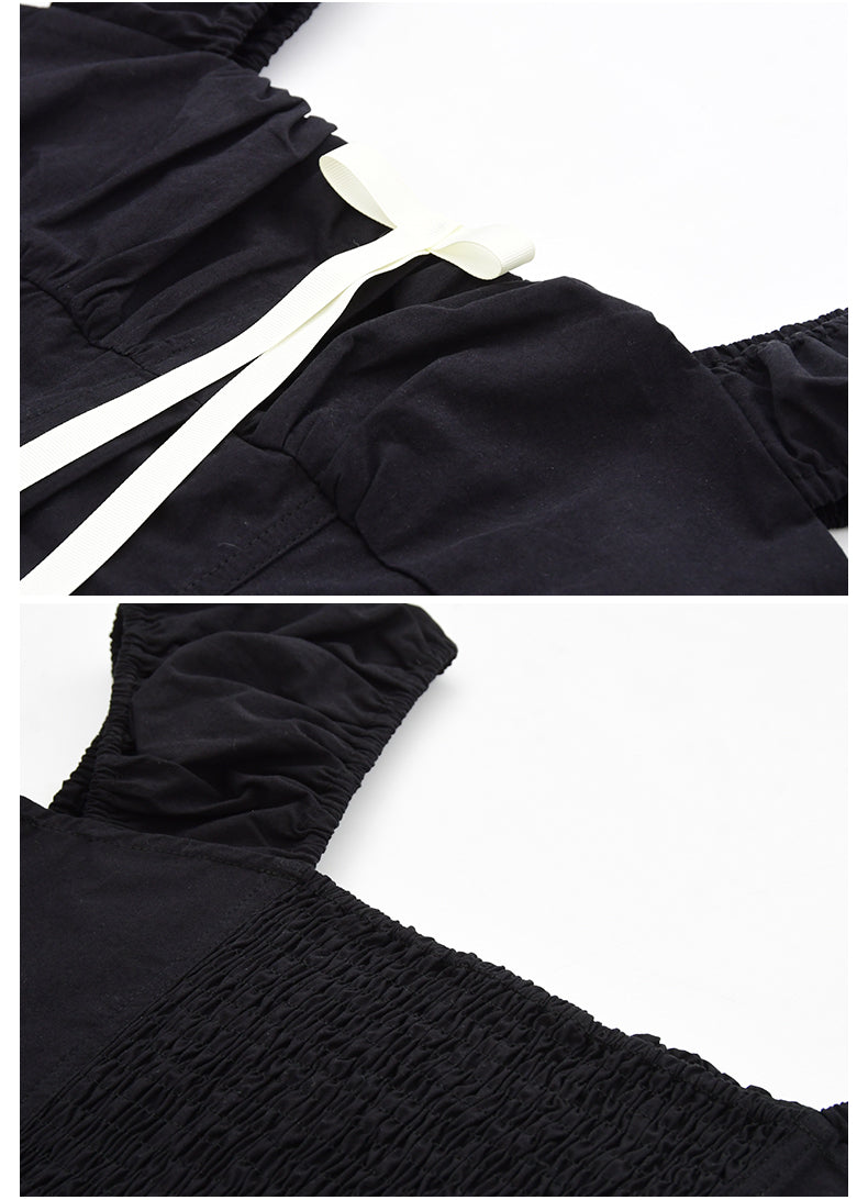 Puff-Sleeve Short Blouse With Contrast Bow