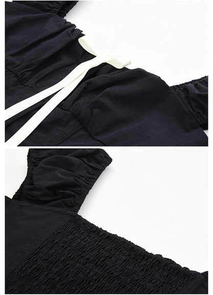 Puff-Sleeve Short Blouse With Contrast Bow