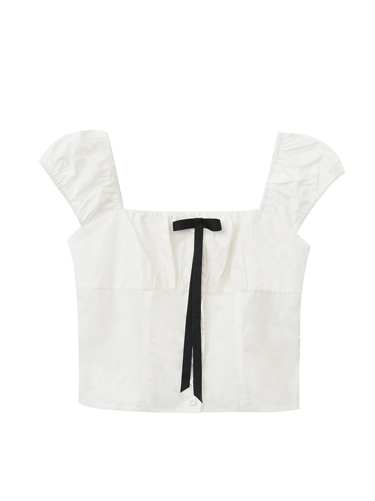 Puff-Sleeve Short Blouse With Contrast Bow