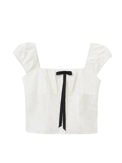 Puff-Sleeve Short Blouse With Contrast Bow