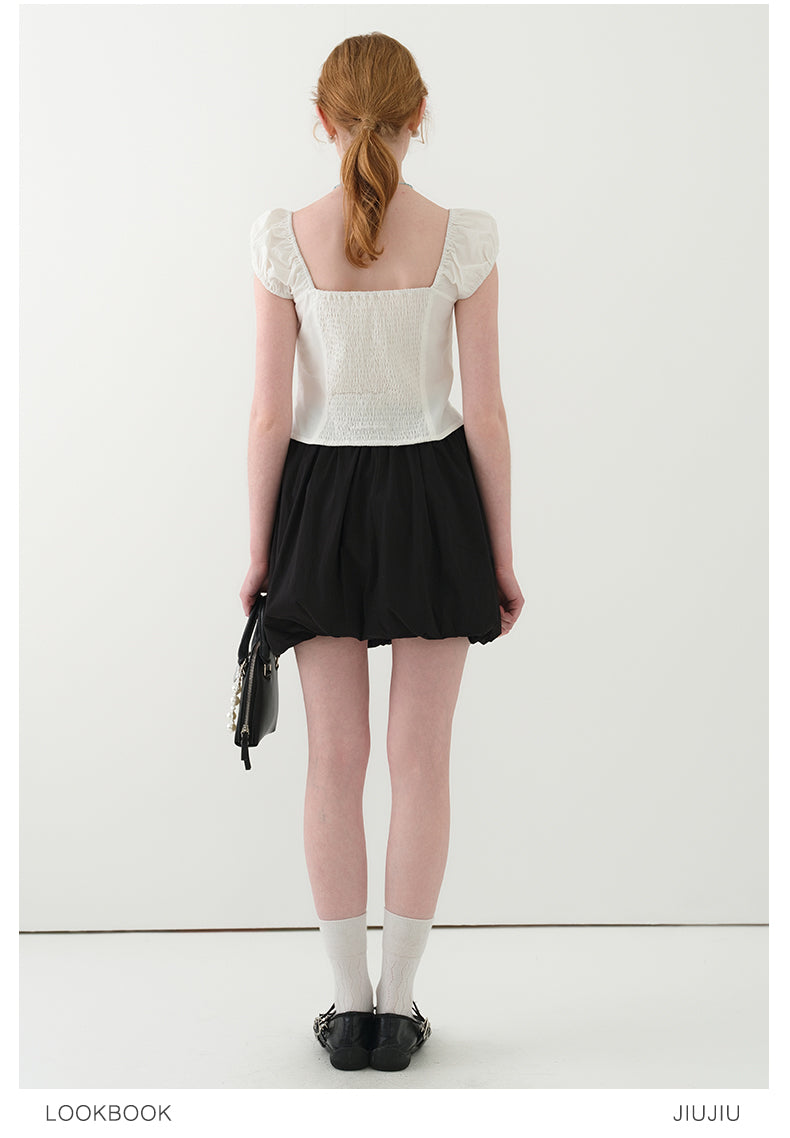 Puff-Sleeve Short Blouse With Contrast Bow