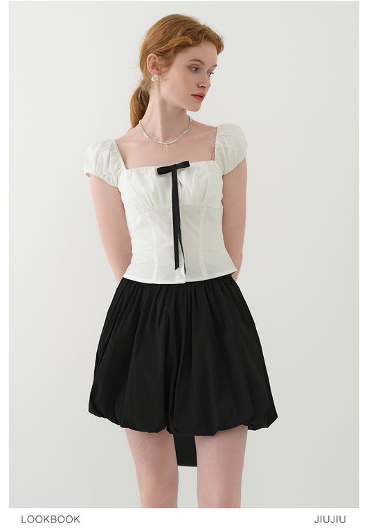 Puff-Sleeve Short Blouse With Contrast Bow