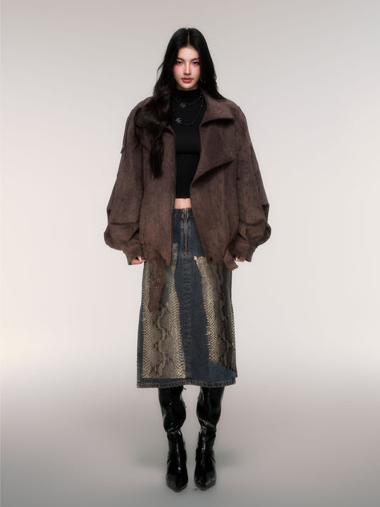 Oversized Faux Suede Zip-Up Jacket