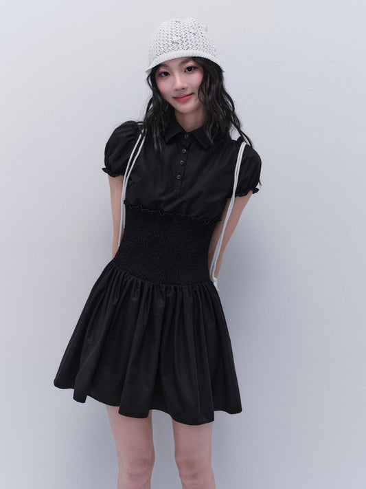 Smocked Waist Puff Sleeve Airy Shirt Dress