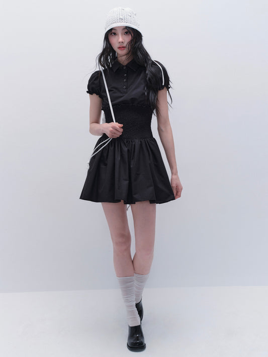 Smocked Waist Puff Sleeve Airy Shirt Dress