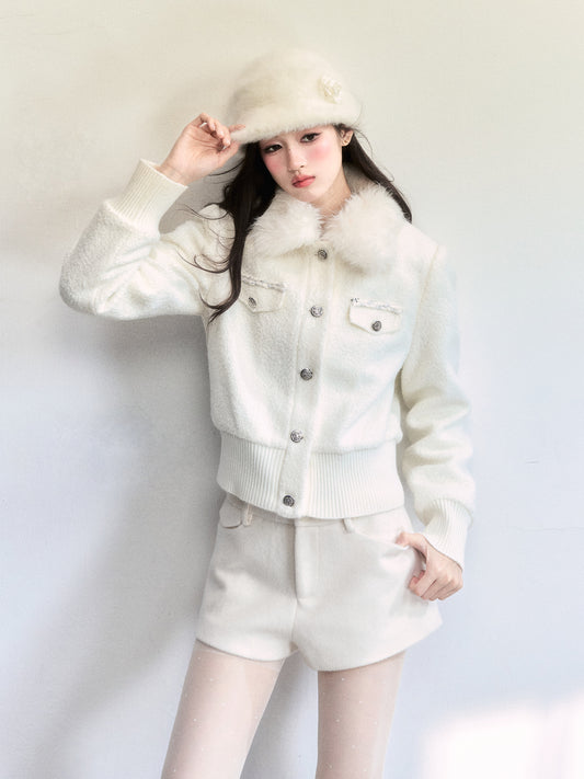 Metallic-Detail Fur Collar Jacket