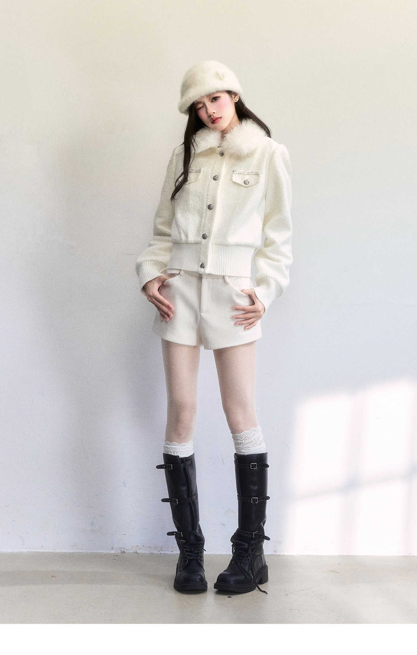 Metallic-Detail Fur Collar Jacket