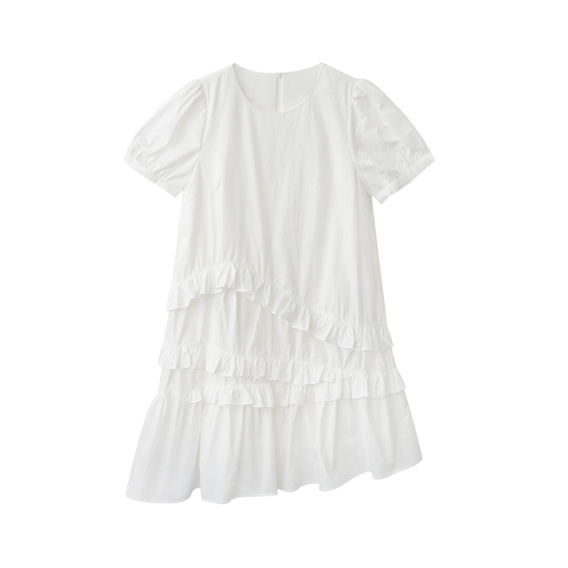 Puff-Sleeve Asymmetrical Ruffled Dress