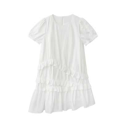 Puff-Sleeve Asymmetrical Ruffled Dress