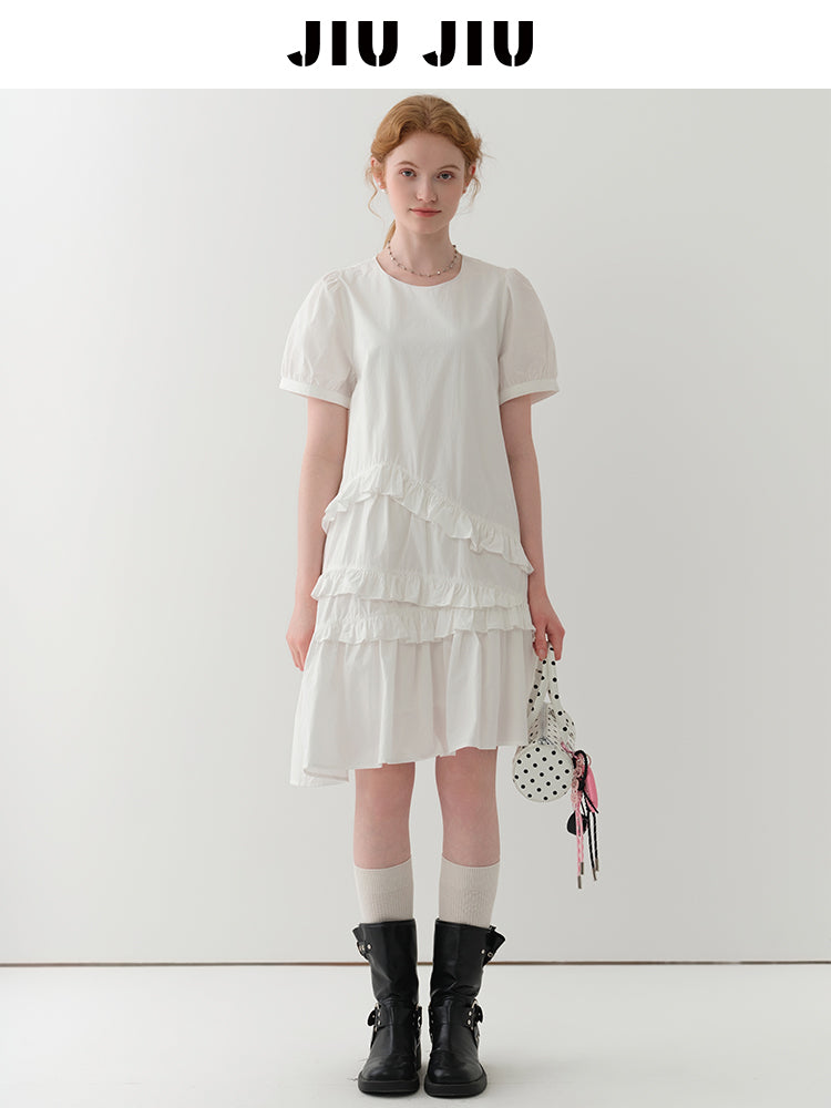 Puff-Sleeve Asymmetrical Ruffled Dress