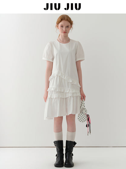 Puff-Sleeve Asymmetrical Ruffled Dress