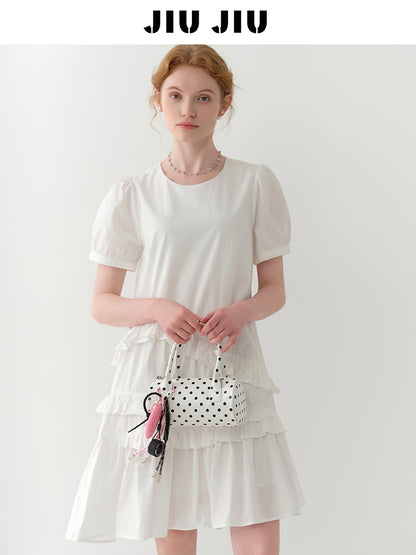 Puff-Sleeve Asymmetrical Ruffled Dress