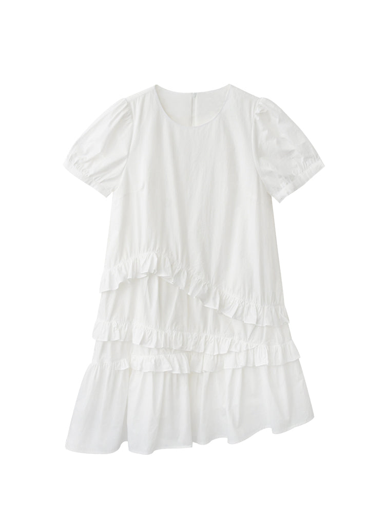 Puff-Sleeve Asymmetrical Ruffled Dress