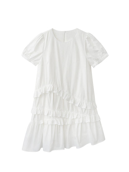 Puff-Sleeve Asymmetrical Ruffled Dress
