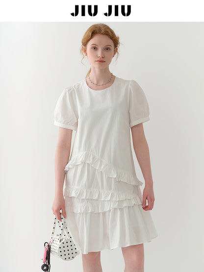 Puff-Sleeve Asymmetrical Ruffled Dress