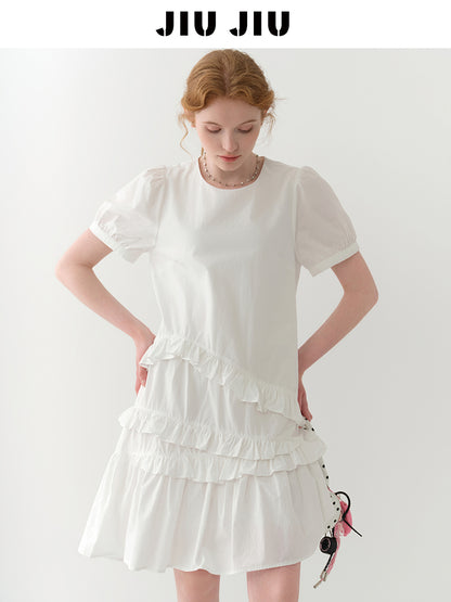Puff-Sleeve Asymmetrical Ruffled Dress