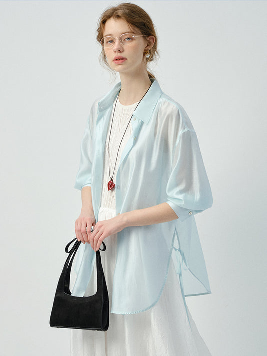 Sheer Side-Tie Shirt With 3/4 Sleeves