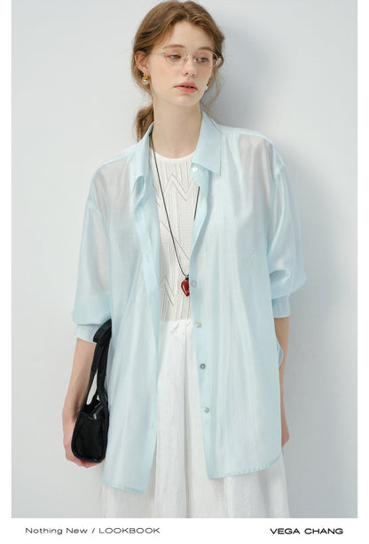 Sheer Side-Tie Shirt With 3/4 Sleeves