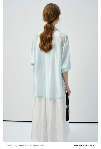 Sheer Side-Tie Shirt With 3/4 Sleeves
