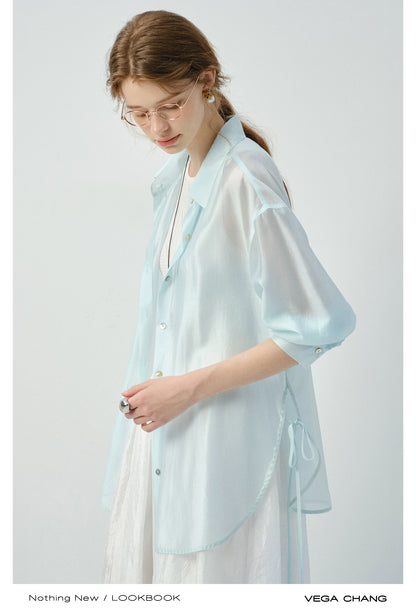Sheer Side-Tie Shirt With 3/4 Sleeves