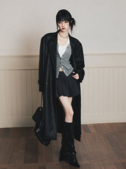 Double-Breasted Wrinkled Faux-Leather Overcoat