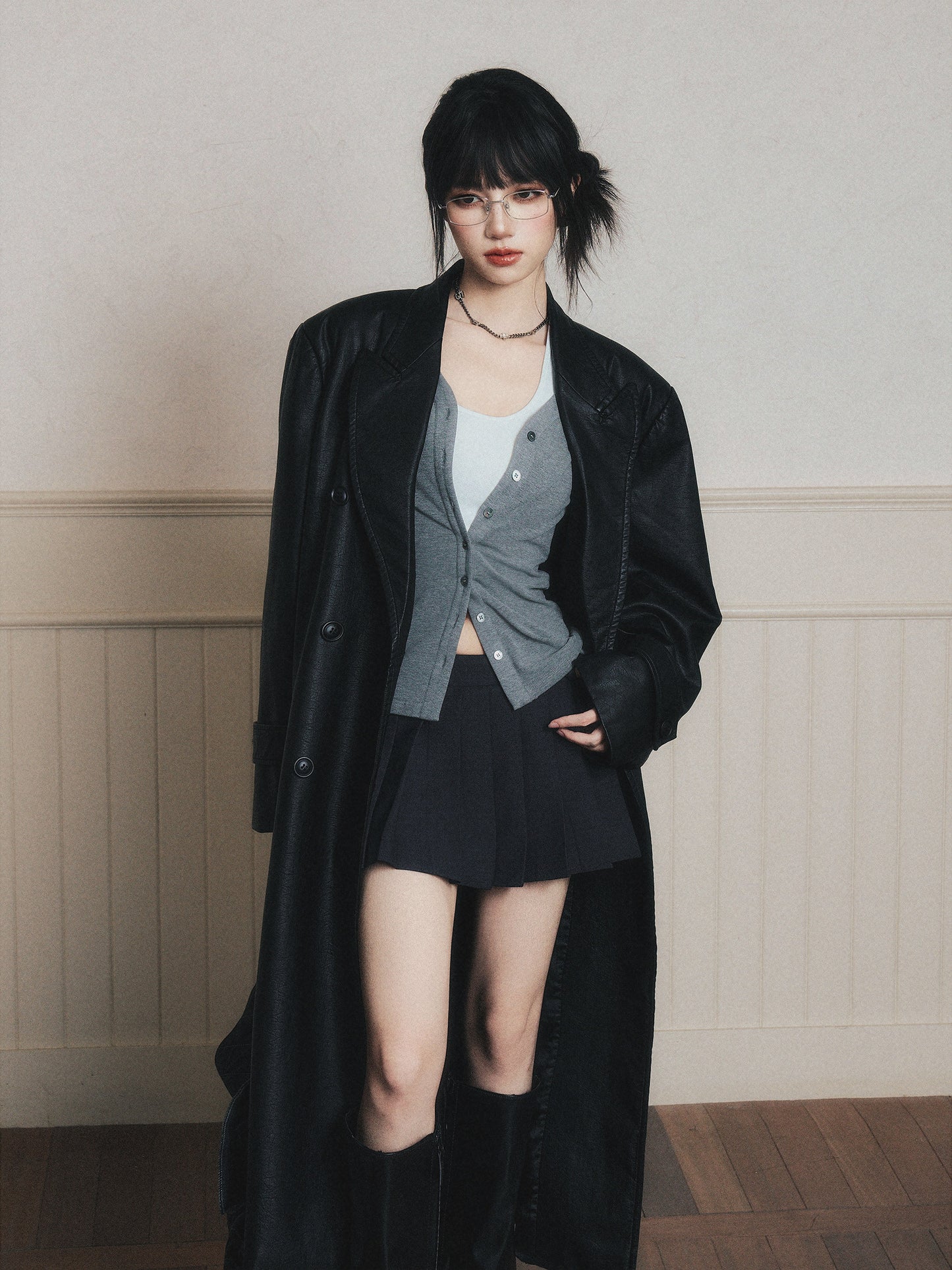 Double-Breasted Wrinkled Faux-Leather Overcoat