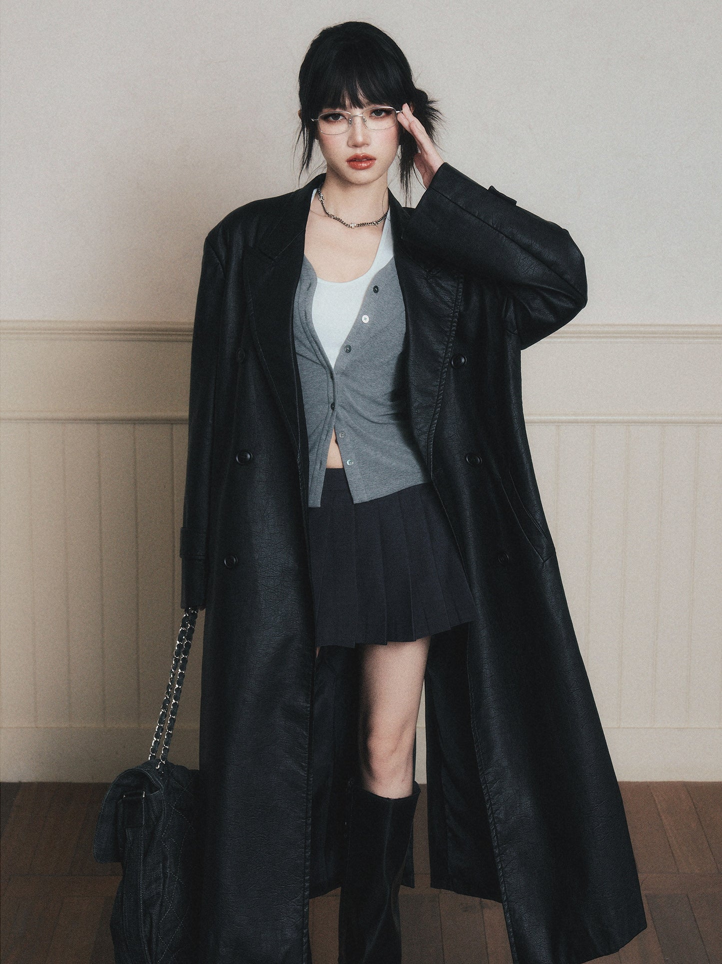 Double-Breasted Wrinkled Faux-Leather Overcoat