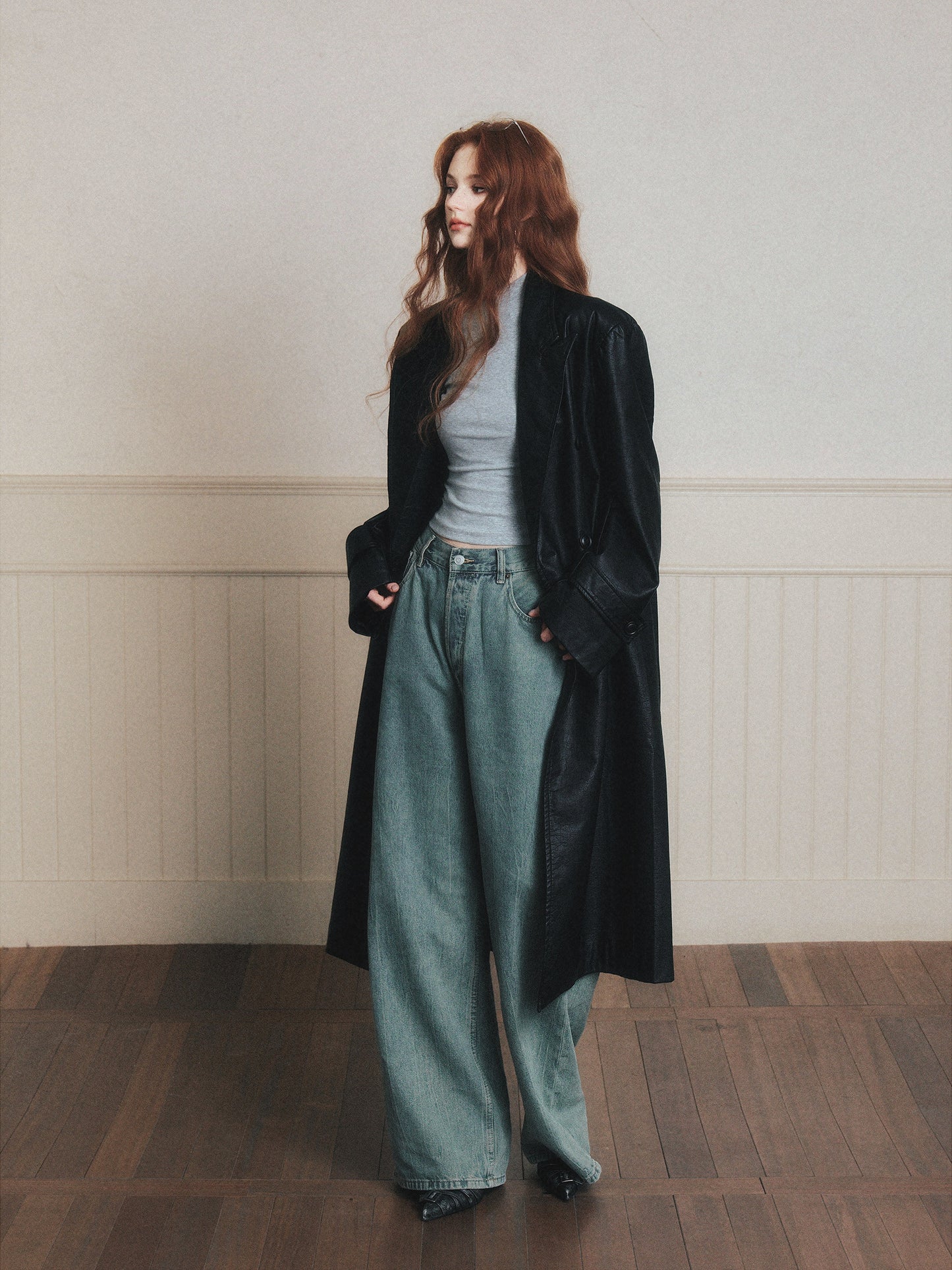 Double-Breasted Wrinkled Faux-Leather Overcoat