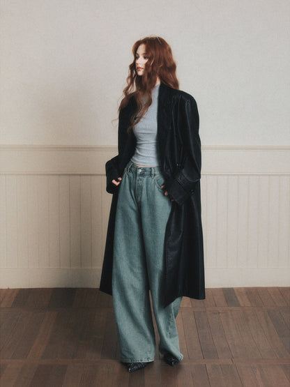 Double-Breasted Wrinkled Faux-Leather Overcoat