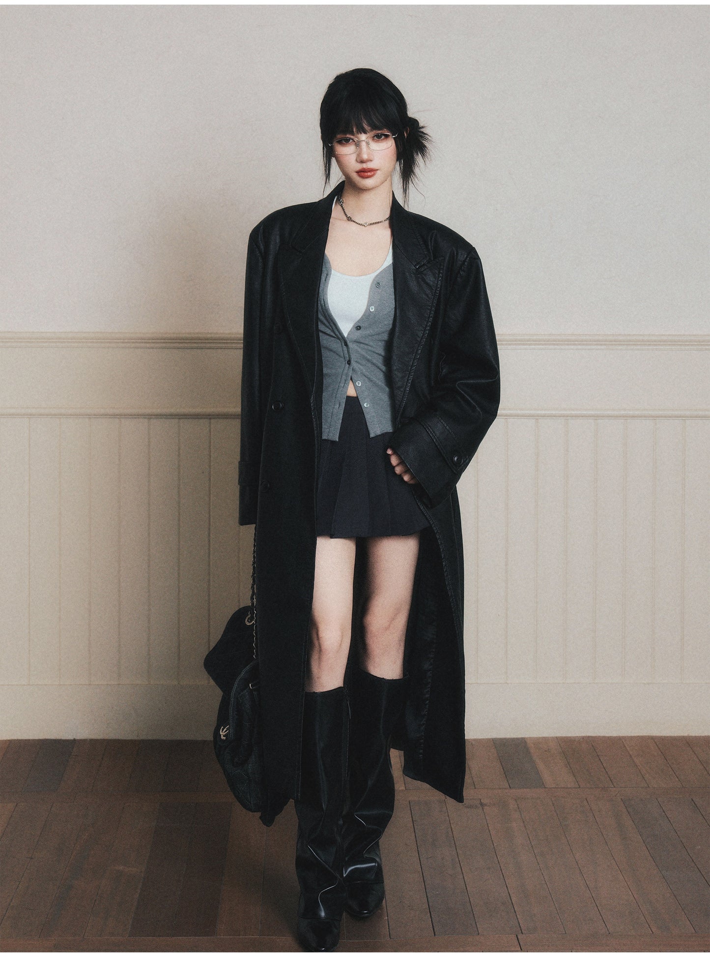 Double-Breasted Wrinkled Faux-Leather Overcoat