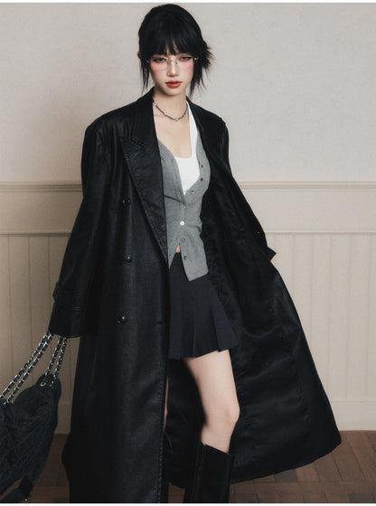 Double-Breasted Wrinkled Faux-Leather Overcoat