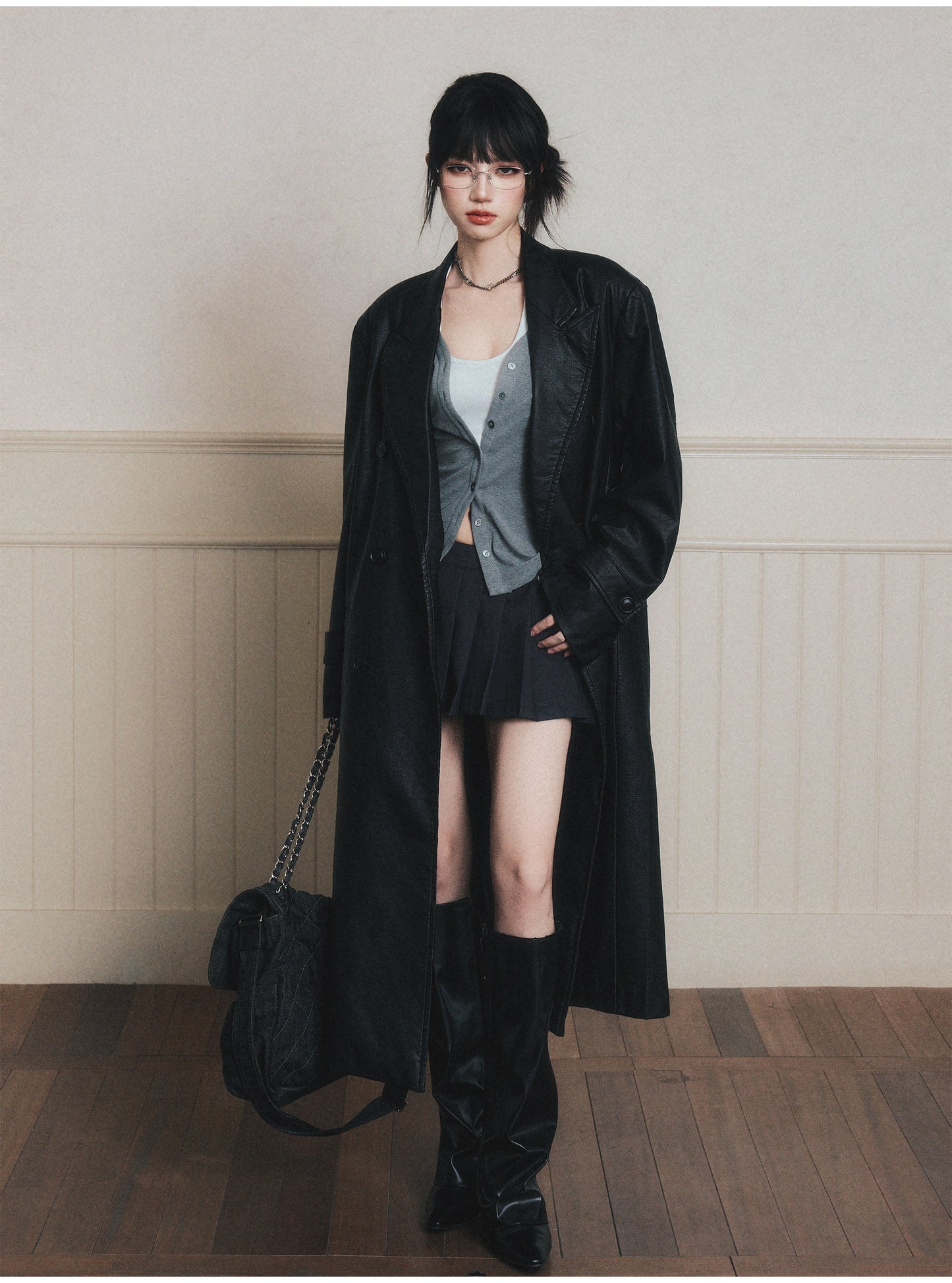 Double-Breasted Wrinkled Faux-Leather Overcoat