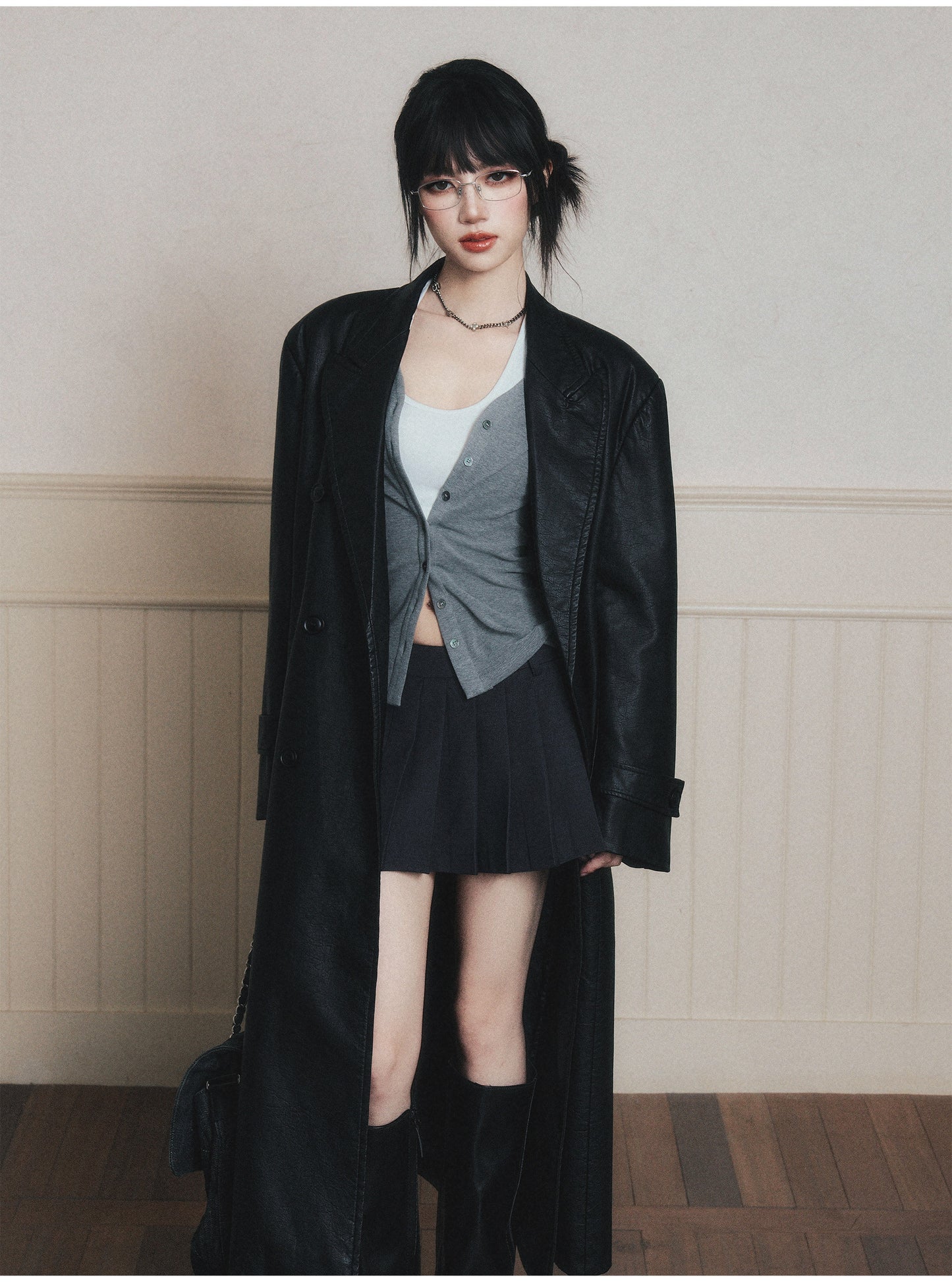 Double-Breasted Wrinkled Faux-Leather Overcoat