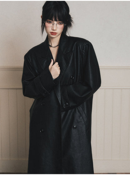 Double-Breasted Wrinkled Faux-Leather Overcoat