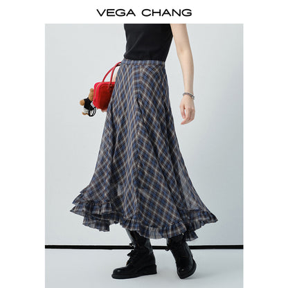 Diamond Plaid Chiffon Skirt With Asymmetric Hem