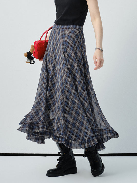 Diamond Plaid Chiffon Skirt With Asymmetric Hem
