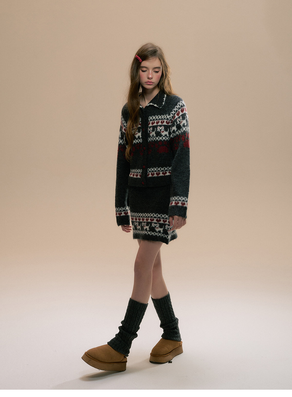 Fair Isle Dog Motif Cardigan And Matching Skirt