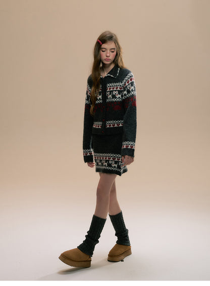 Fair Isle Dog Motif Cardigan And Matching Skirt